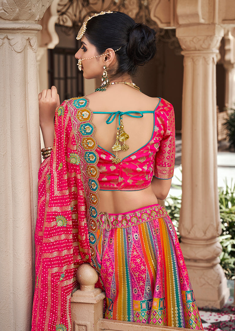 Multicolor & Pink Premium Banarasi Silk with Zarkan & Cutwork Wedding Wear Lehenga