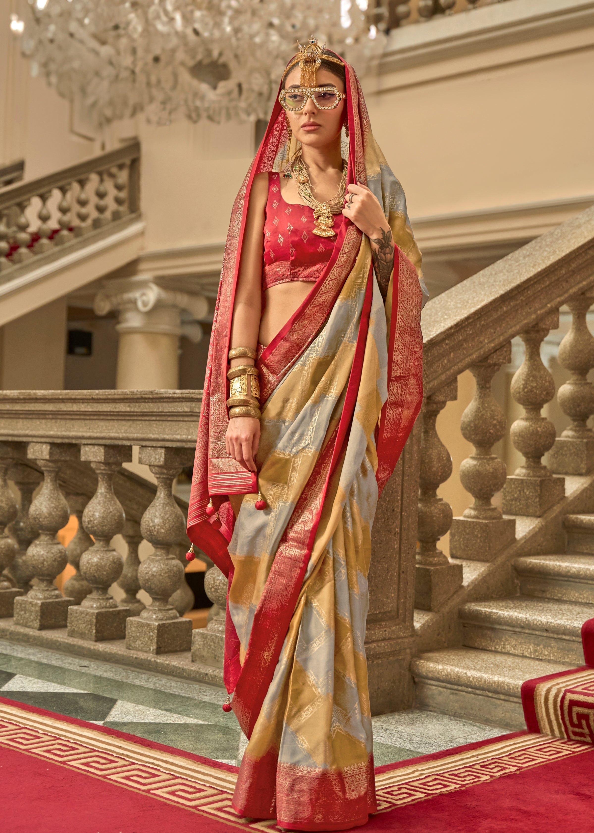 MultiColor Satin Weaving Print Classic Causal Saree