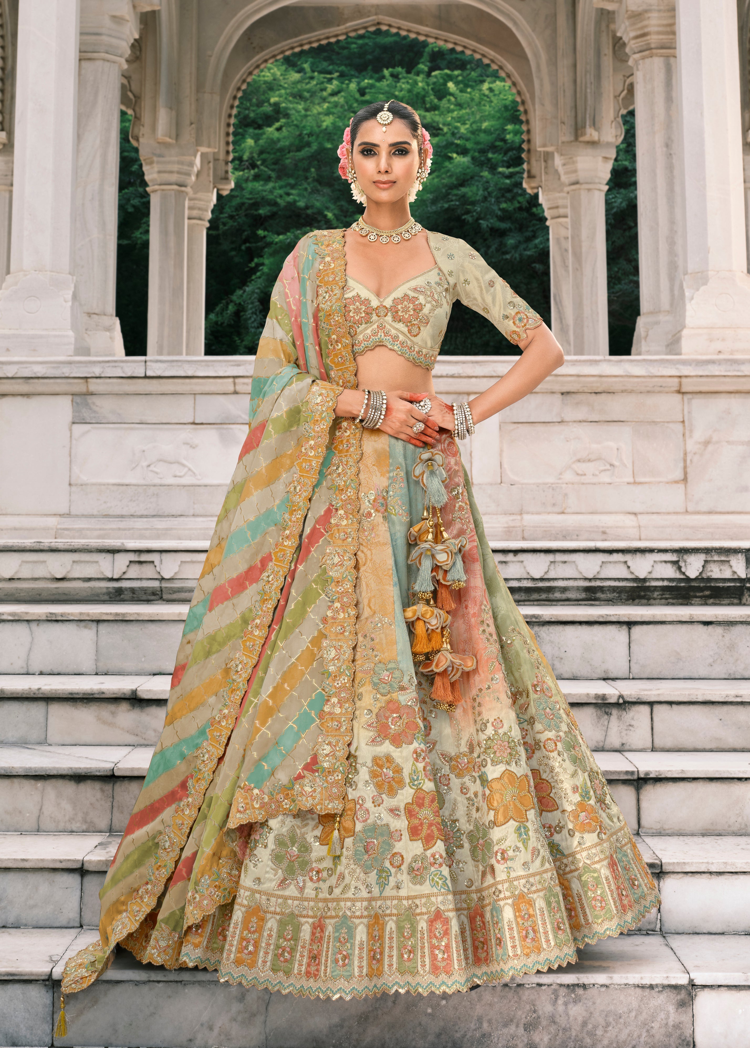 Multicolor Silk Bridal Lehenga With Thread Embroidery And Sequins Work