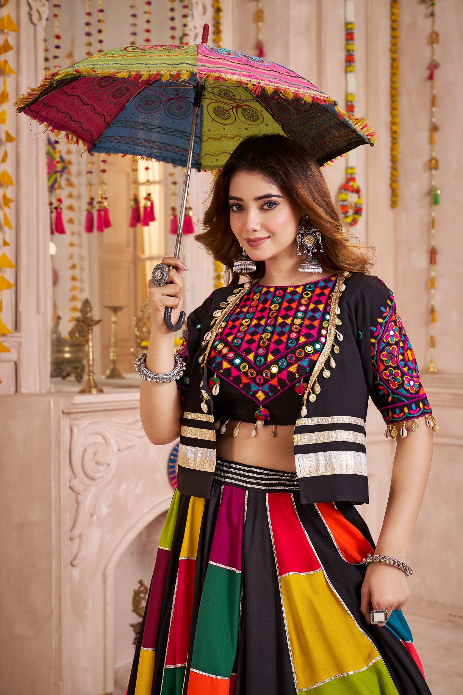 Multicolor Viscose Cotton Navratri Chaniya Choli With Kutchi And Patch Work Jacket