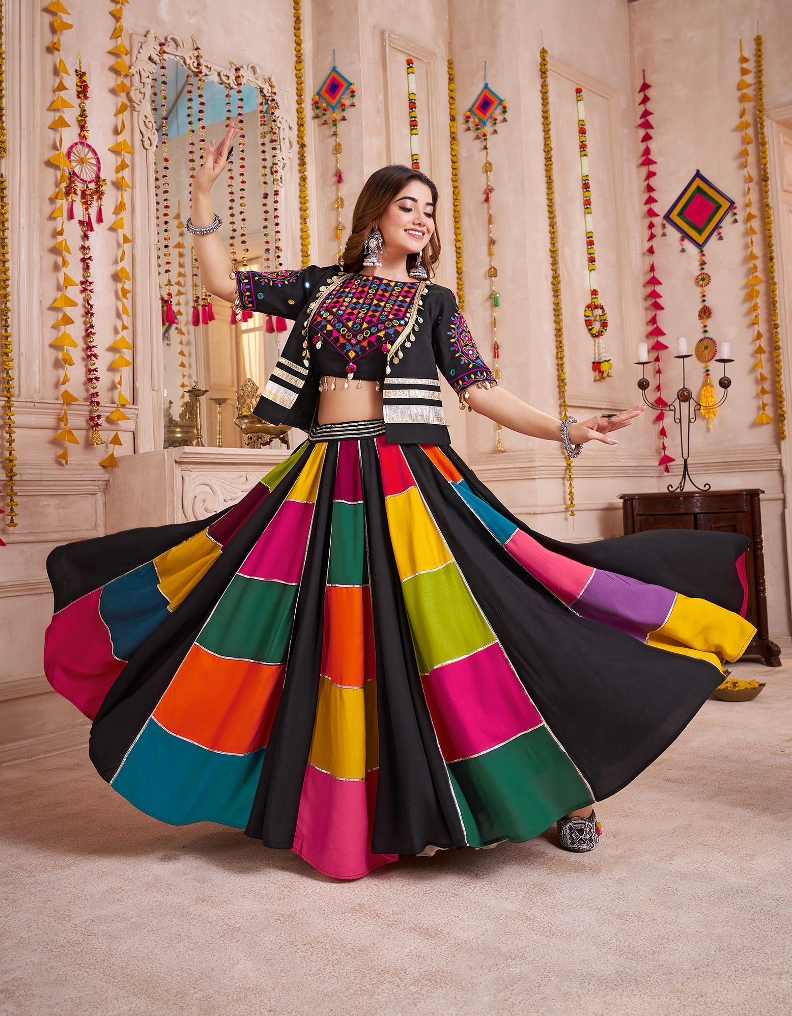 Multicolor Viscose Cotton Navratri Chaniya Choli With Kutchi And Patch Work Jacket