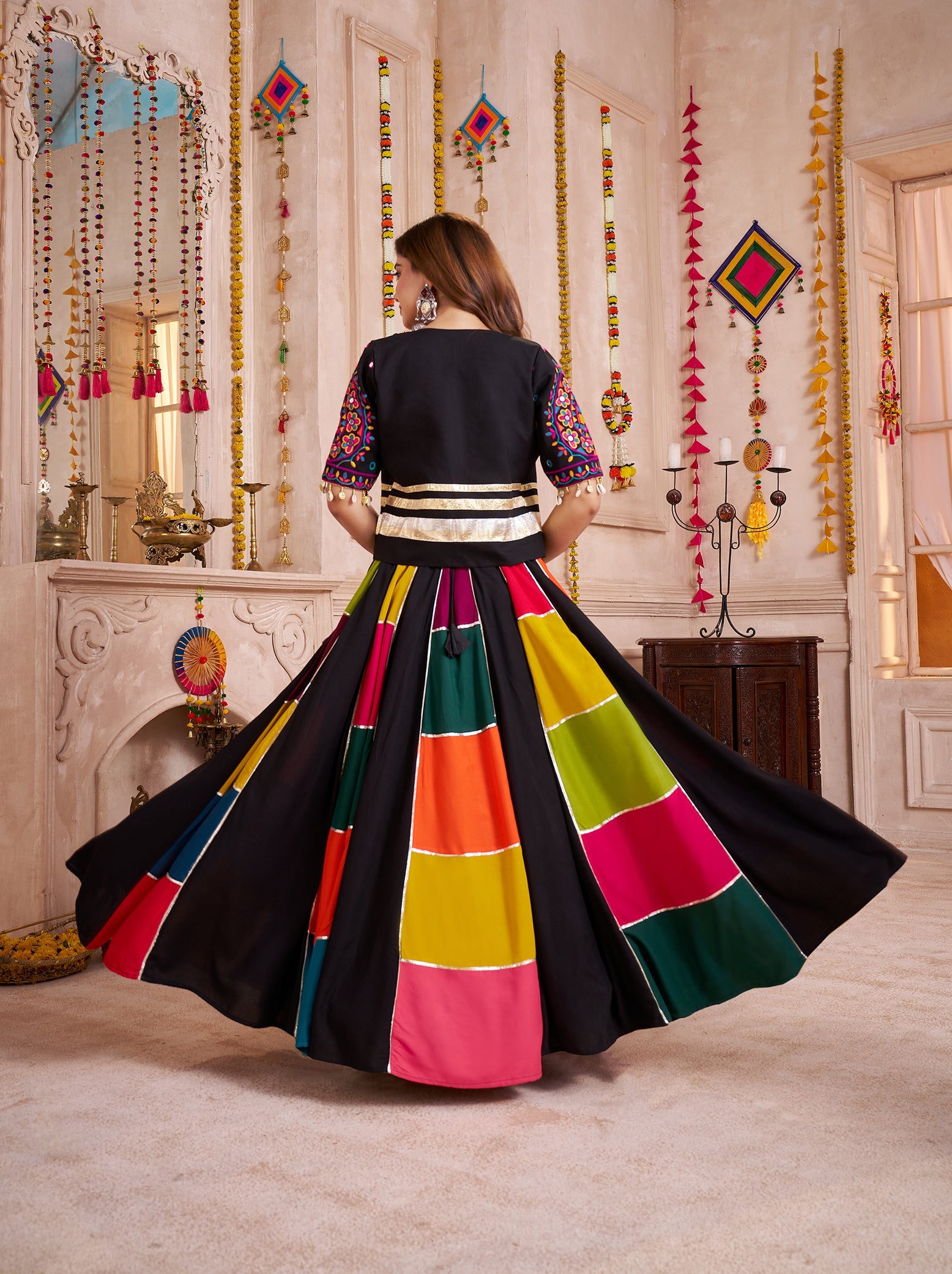 Multicolor Viscose Cotton Navratri Chaniya Choli With Kutchi And Patch Work Jacket