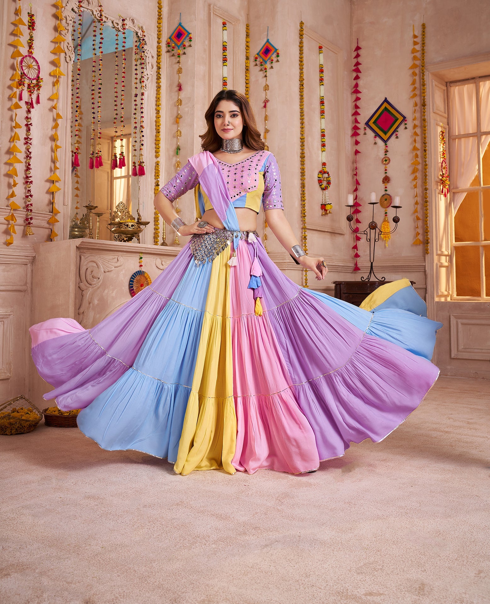 Multicolor Viscose Cotton Navratri Chaniya Choli With Mirror Work
