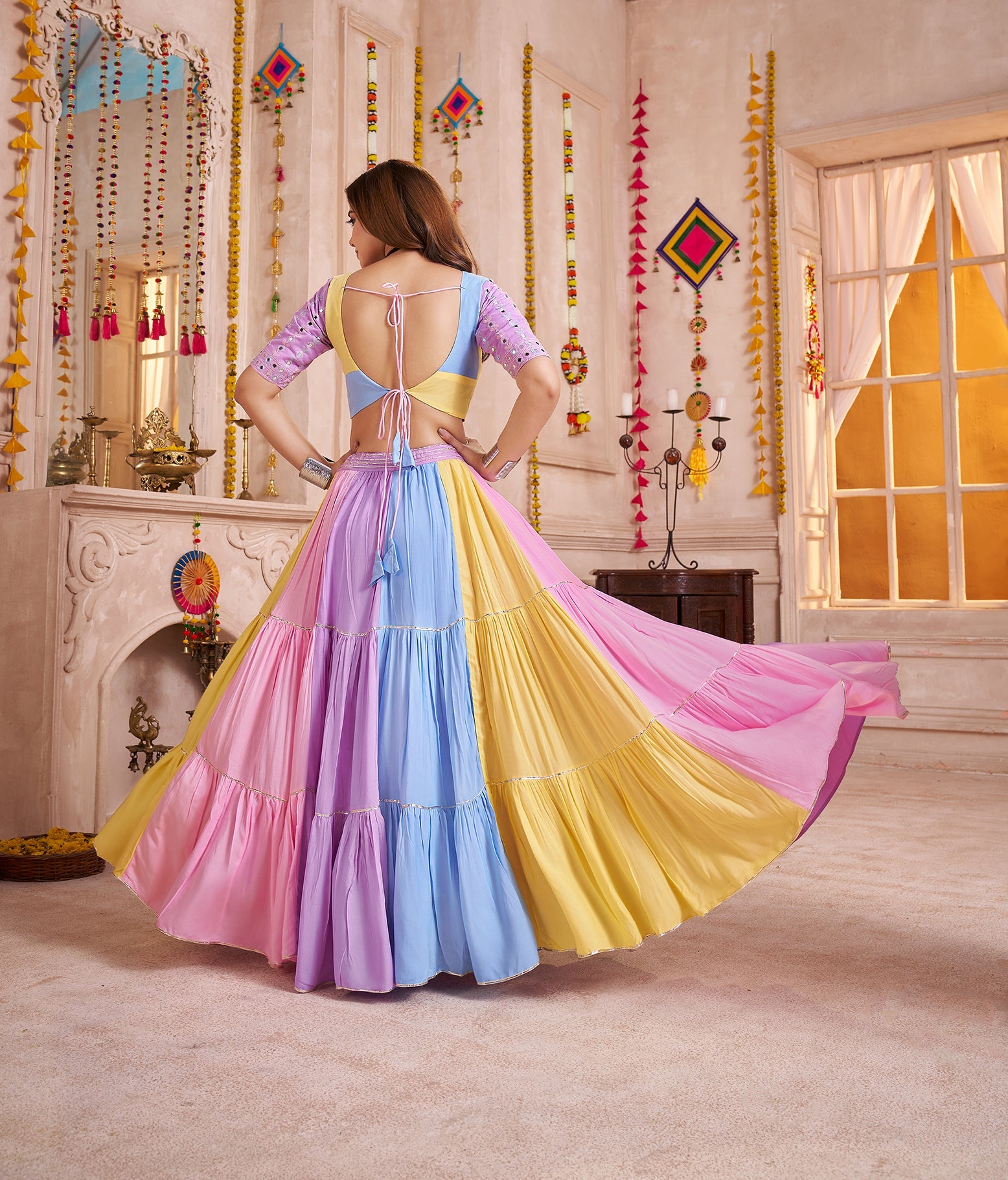 Multicolor Viscose Cotton Navratri Chaniya Choli With Mirror Work