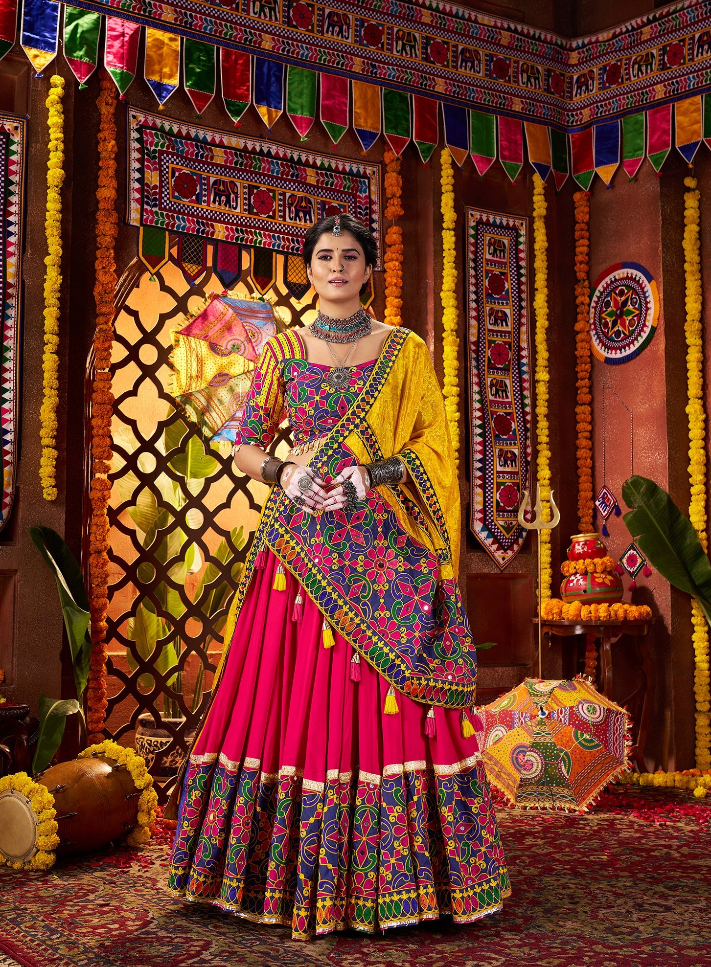 Multicolor Viscose Cotton Navratri Wear Lehenga Choli Set with Mirror & Thread Embroidery