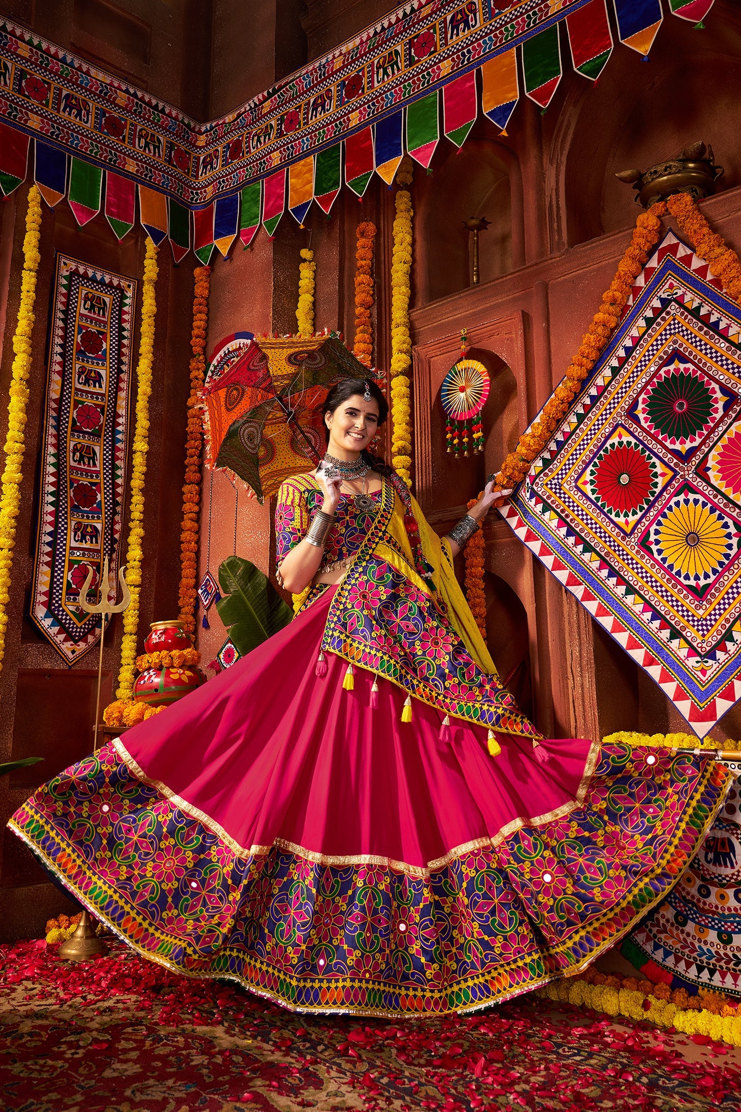 Multicolor Viscose Cotton Navratri Wear Lehenga Choli Set with Mirror & Thread Embroidery