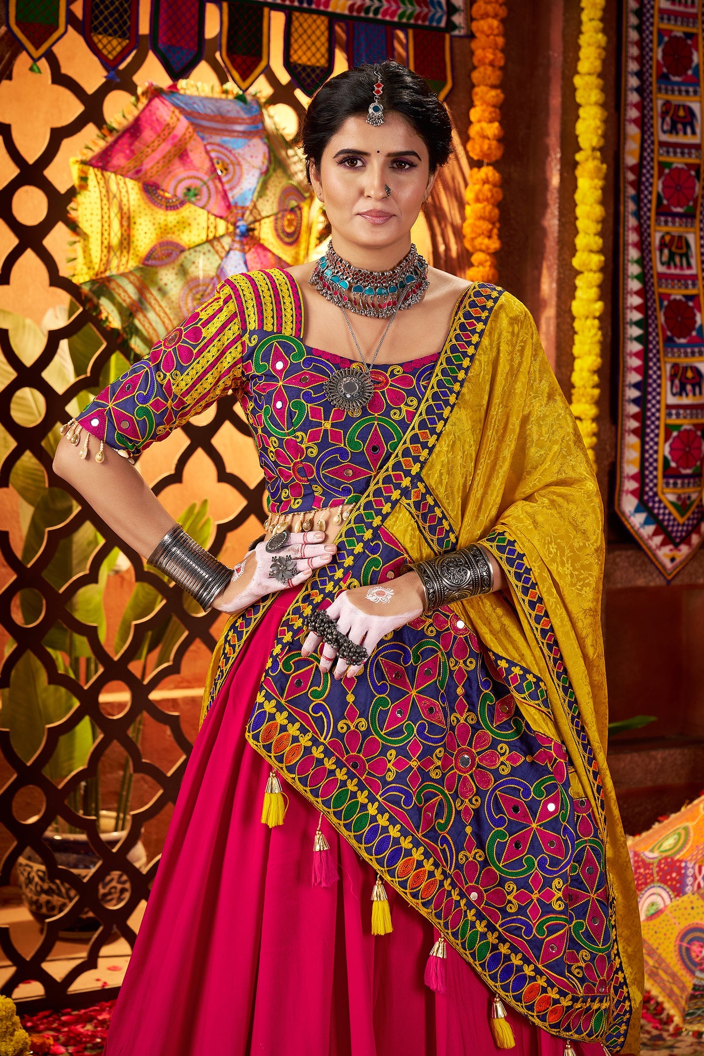 Multicolor Viscose Cotton Navratri Wear Lehenga Choli Set with Mirror & Thread Embroidery