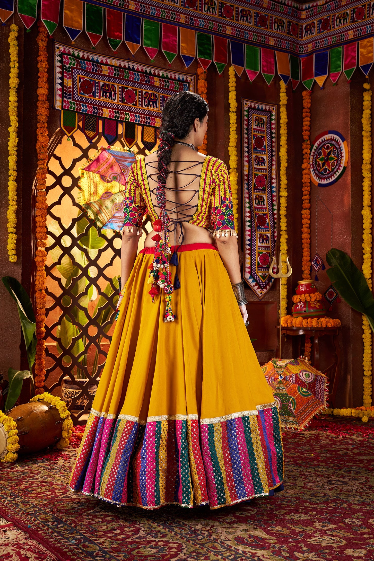 Multicolor Viscose Cotton Navratri Wear Lehenga Choli Set with Mirror & Thread Embroidery