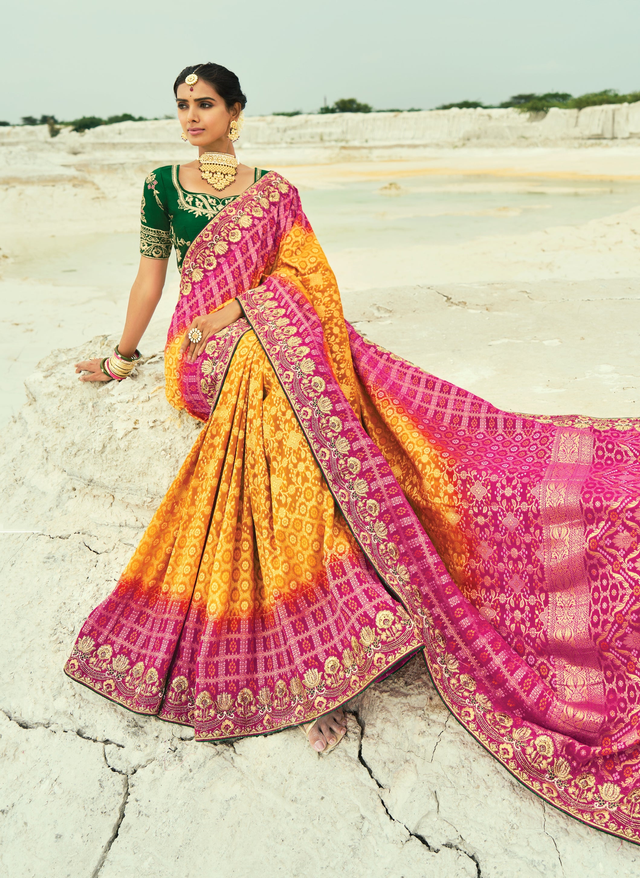 Mustard And Rani Pink Embroidered Georgette Bandhej Designer Saree