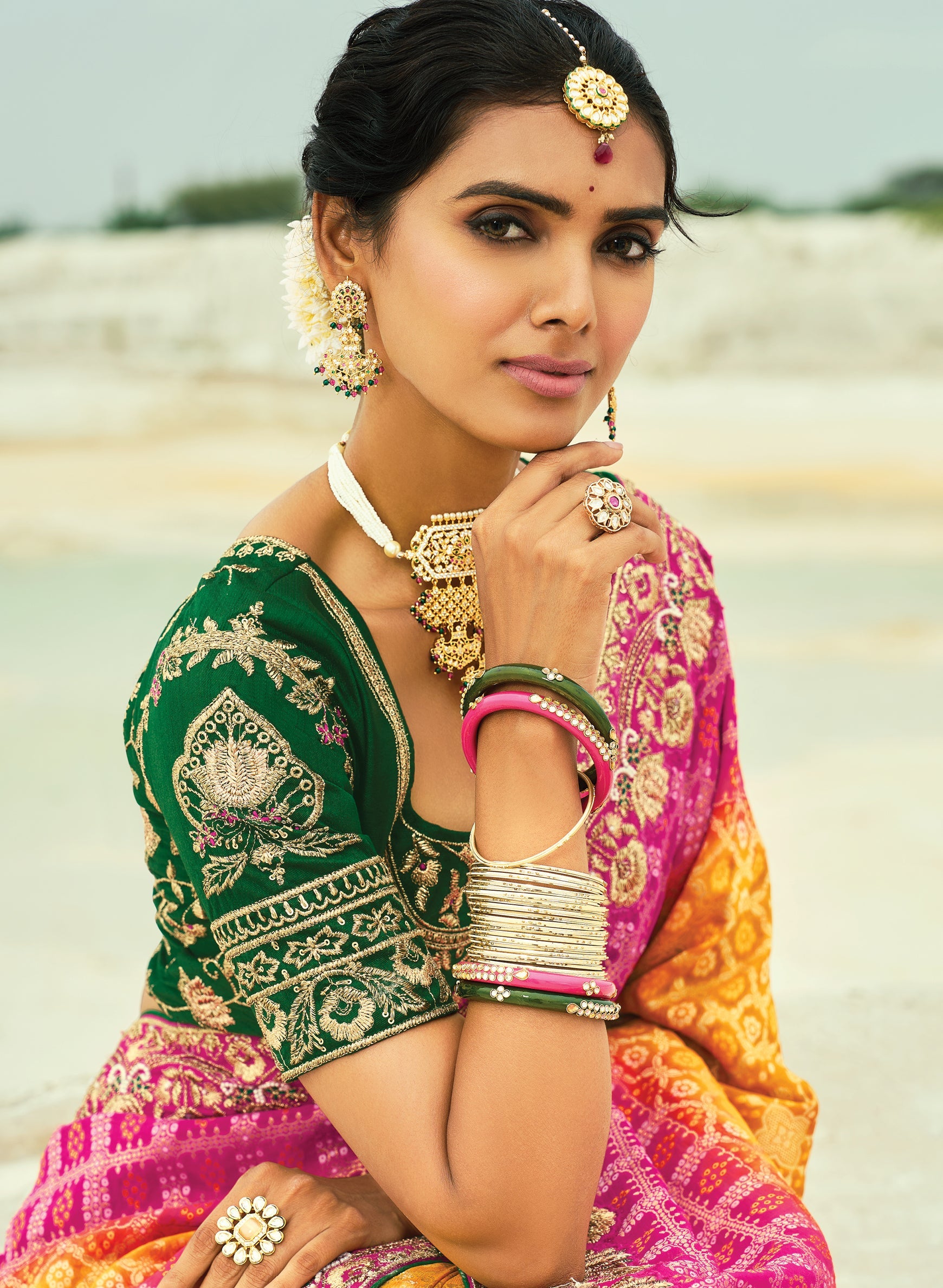 Mustard And Rani Pink Embroidered Georgette Bandhej Designer Saree