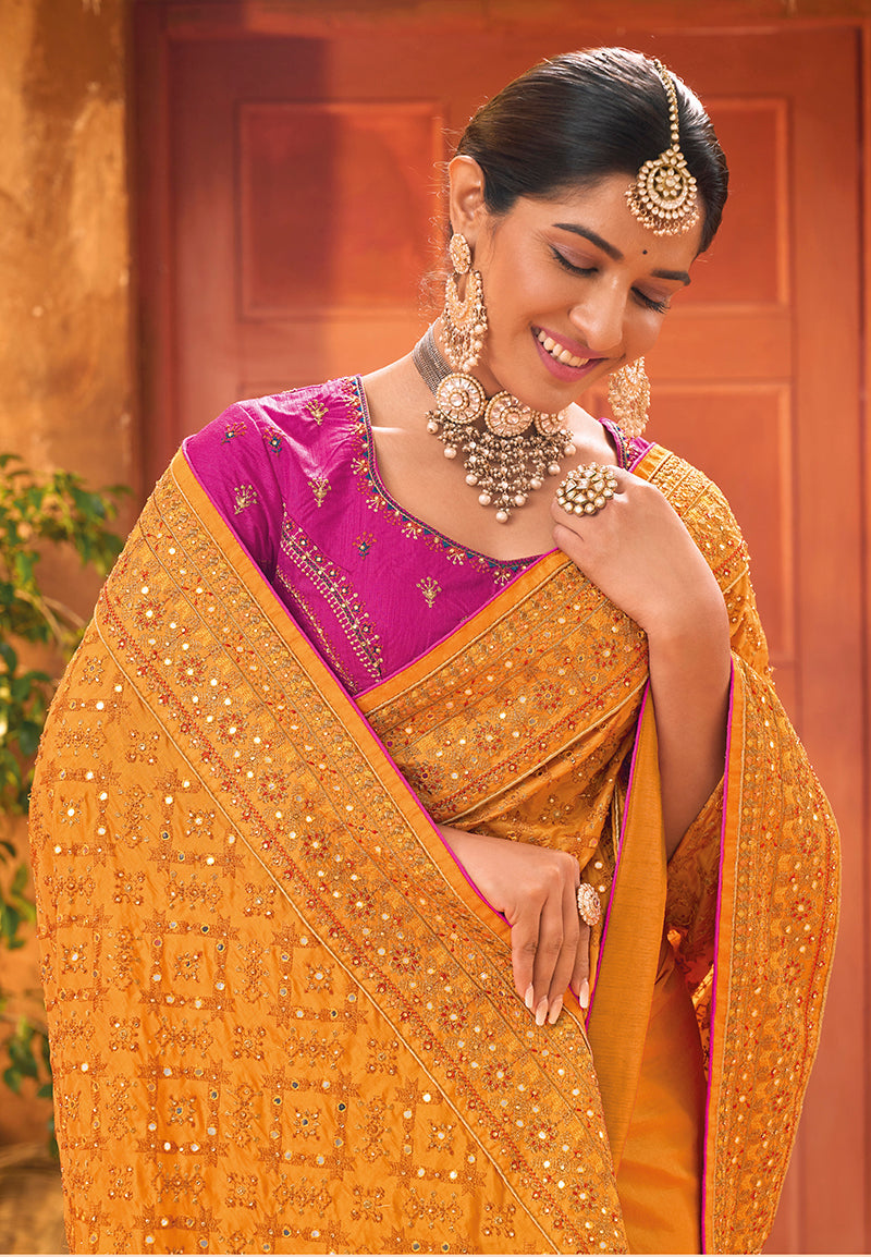 Mustard Banarasi Silk Kachhi Work Saree With Contrast Blouse