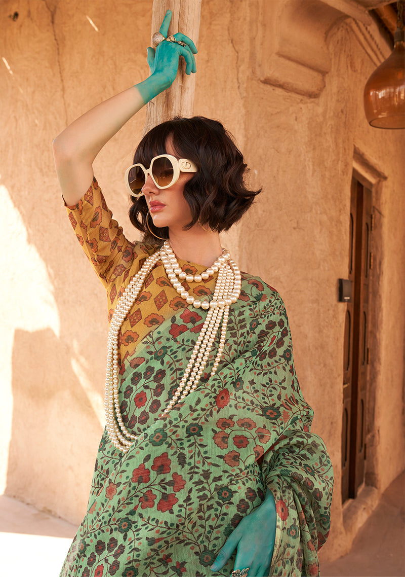 Sea Green Classic Printed Tissue Saree with Zari Detailing
