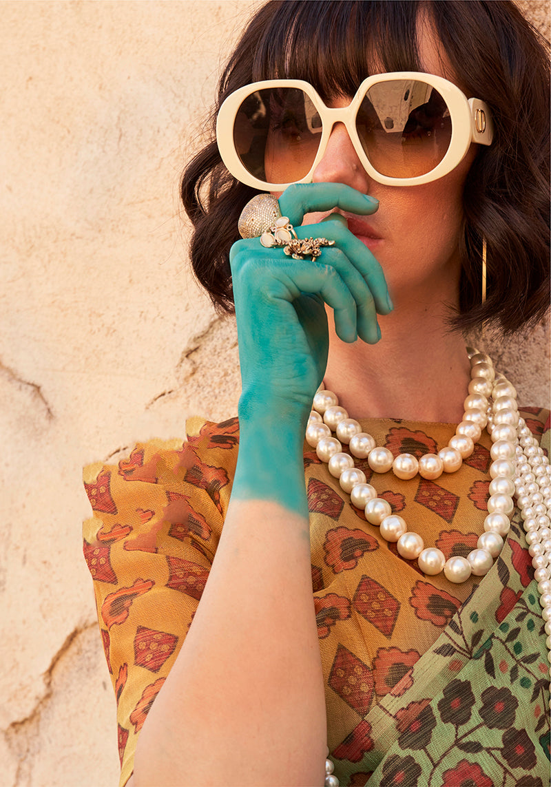 Sea Green Classic Printed Tissue Saree with Zari Detailing