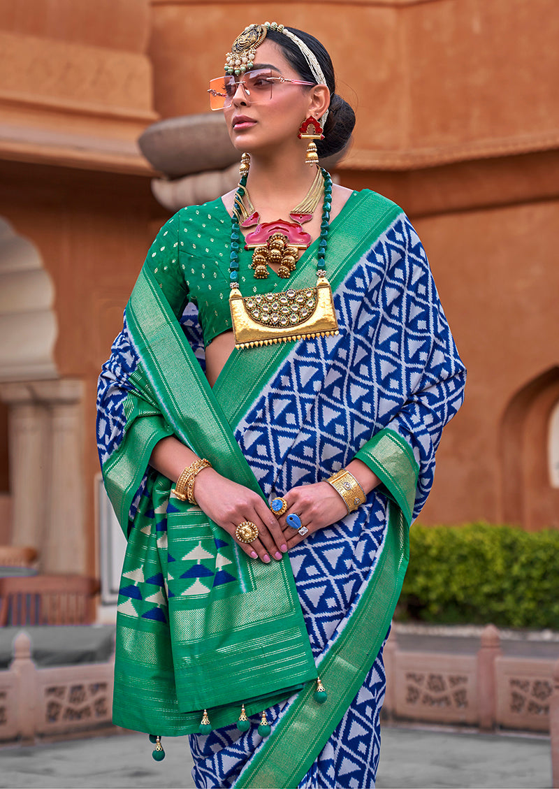 Blue Cotton Silk Foil Print Work Saree