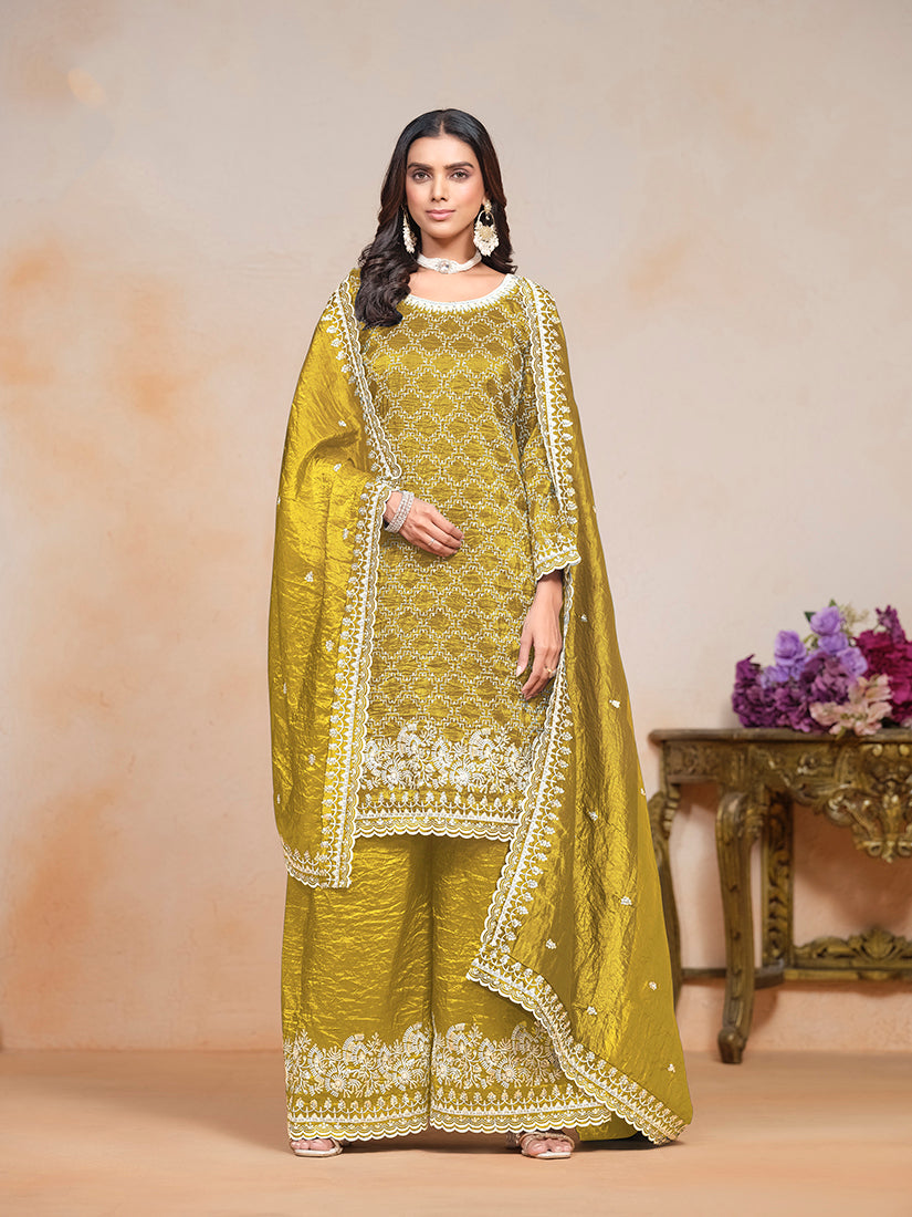 Mustard Gold Crush Sequins Work Designer Palazzo Suit