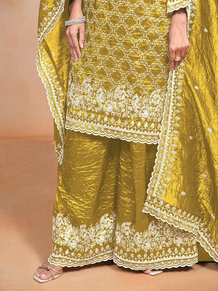 Mustard Gold Crush Sequins Work Designer Palazzo Suit