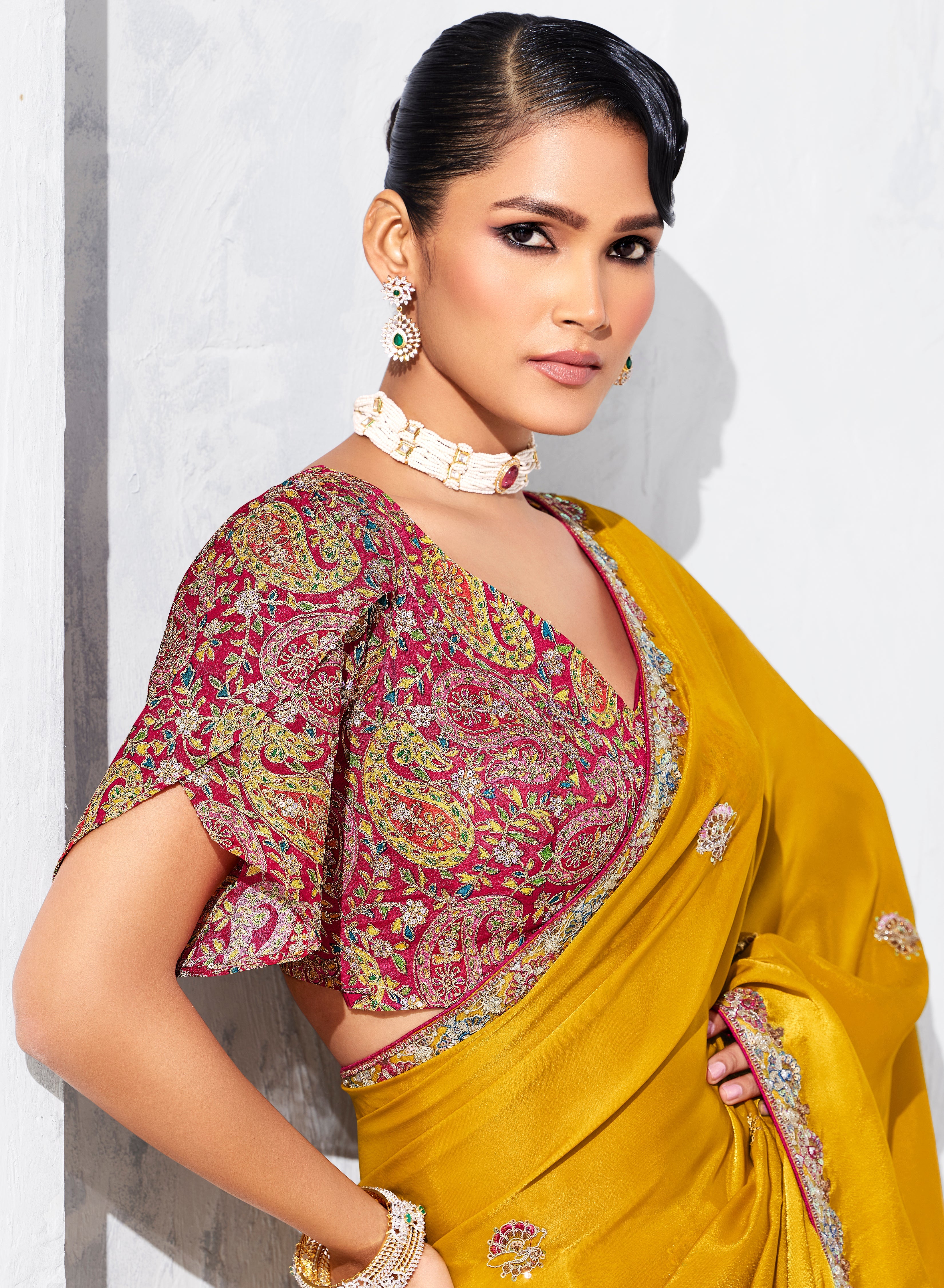 Mustard Fancy Fabric Embroidered Contemporary Saree