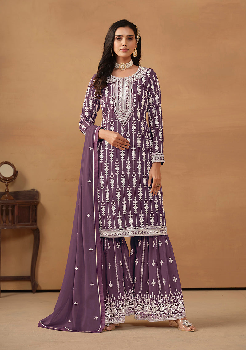 Dark Violet Faux Georgette Embroidered Designer Sharara Suit - Monjolika Fashion