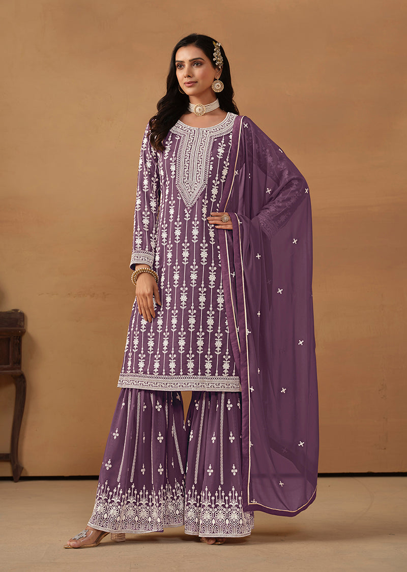 Dark Violet Faux Georgette Embroidered Designer Sharara Suit - Monjolika Fashion