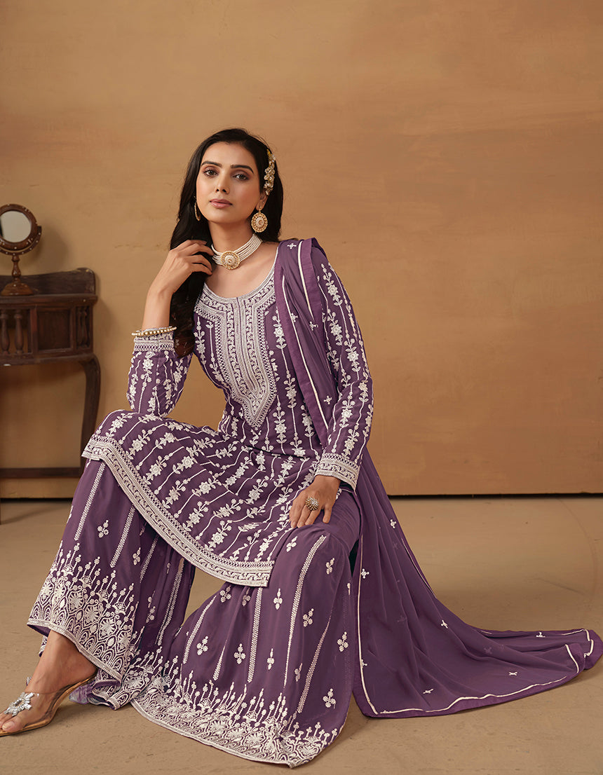 Dark Violet Faux Georgette Embroidered Designer Sharara Suit - Monjolika Fashion