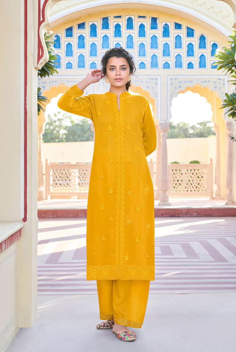 Mustard Georgette Embroidered Muslin Pant Style Suit