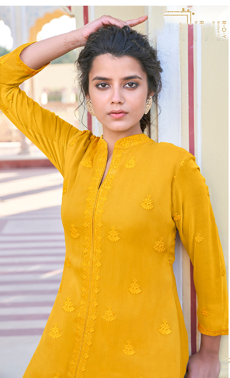 Mustard Georgette Embroidered Muslin Pant Style Suit