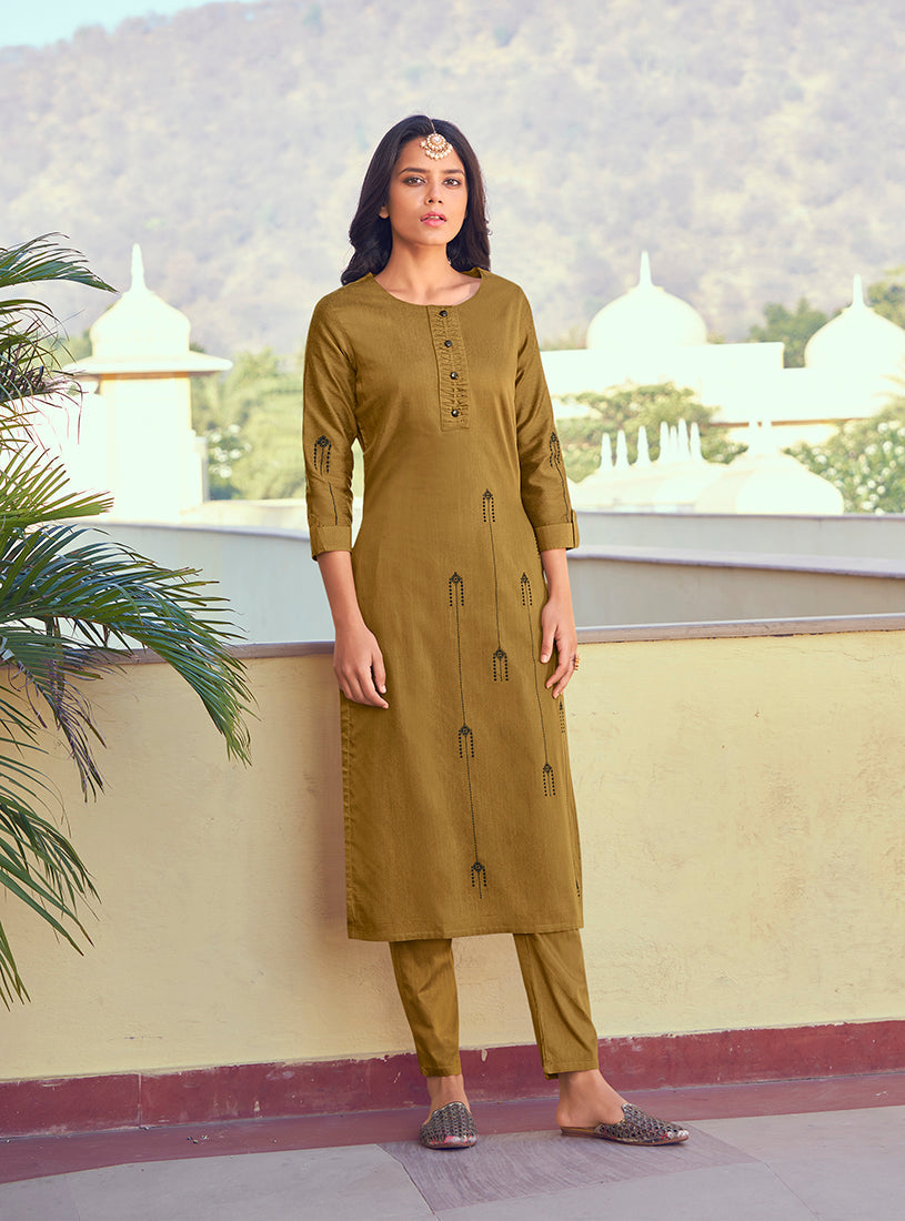 Golden Embroidered Roman Silk Casual Kurti Pant