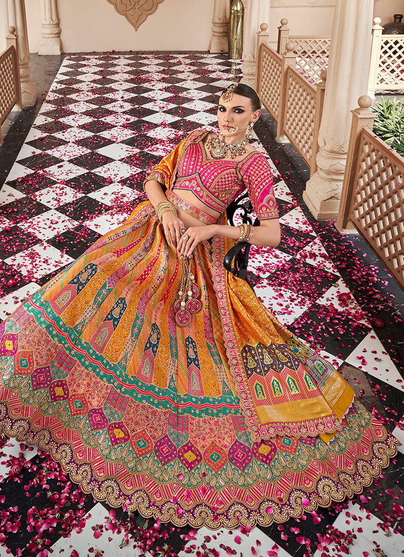 Mustard Multicolor Premium Banarasi Silk with Zarkan & Cutwork Wedding Wear Lehenga