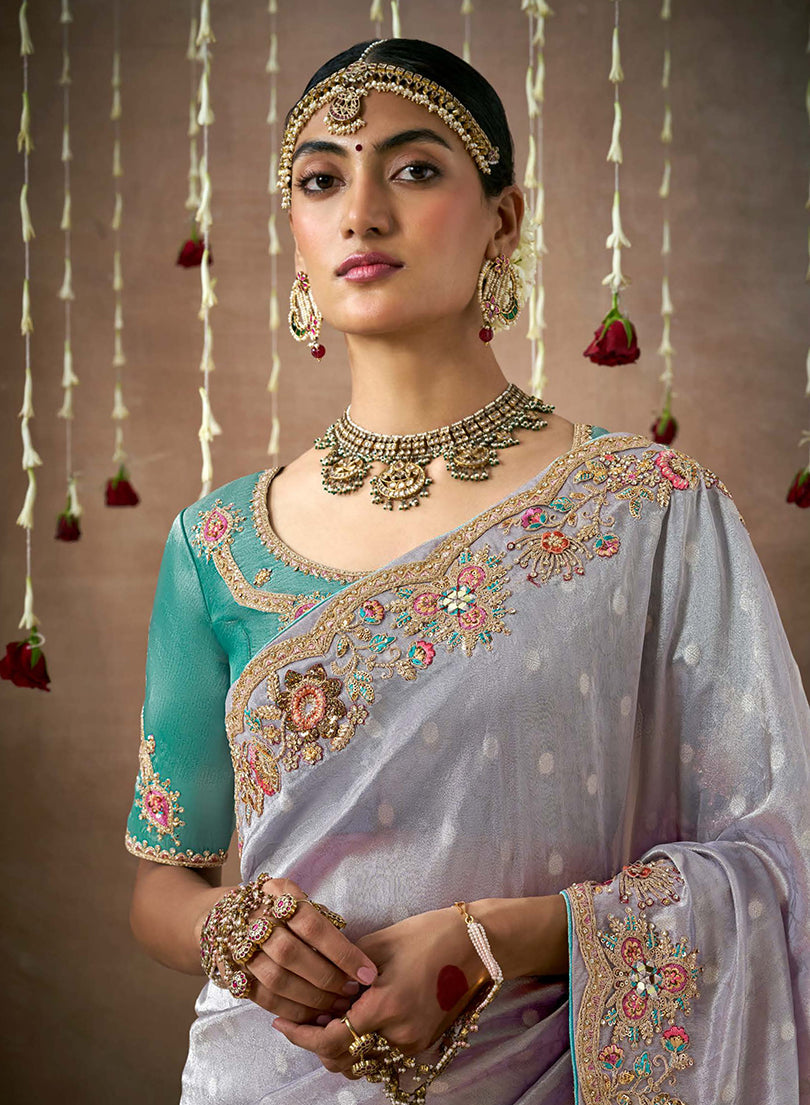 Light Lavender Organza Silk Embroidered Wedding Saree