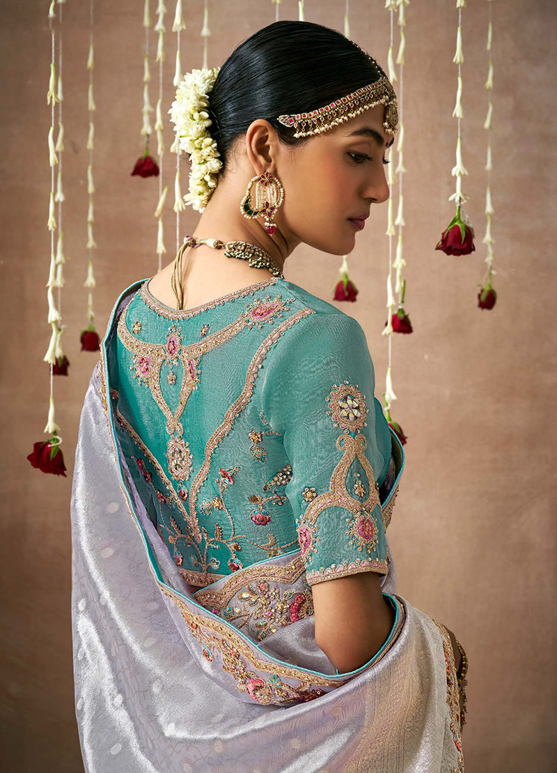 Light Lavender Organza Silk Embroidered Wedding Saree