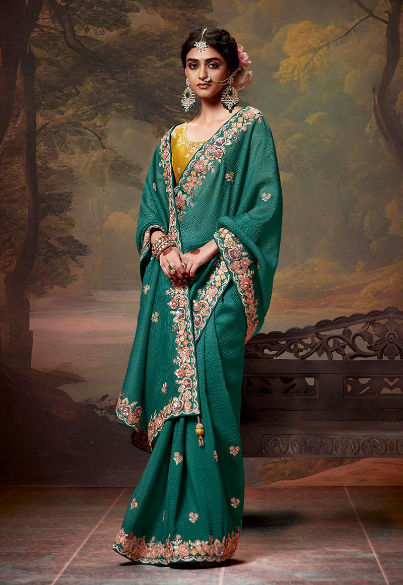 Teal Organza Silk Sequins & Thread Work Stylish Saree