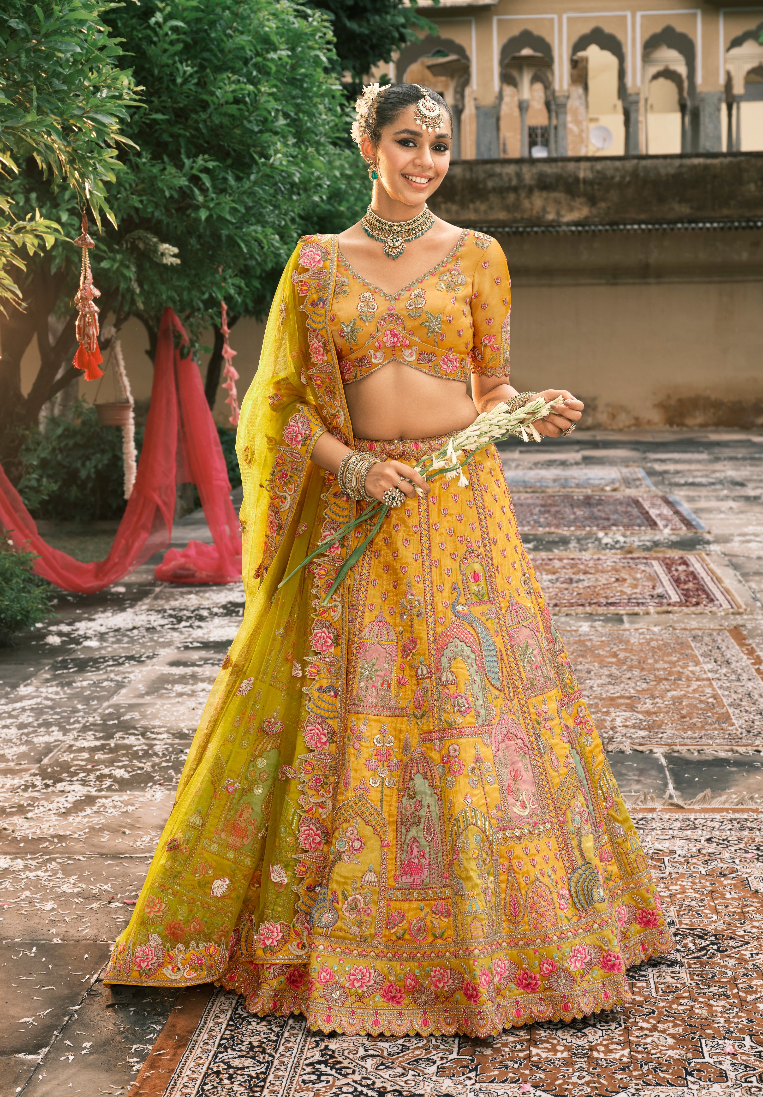 Mustard Silk Bridal Lehenga With Sequins And Moti Work