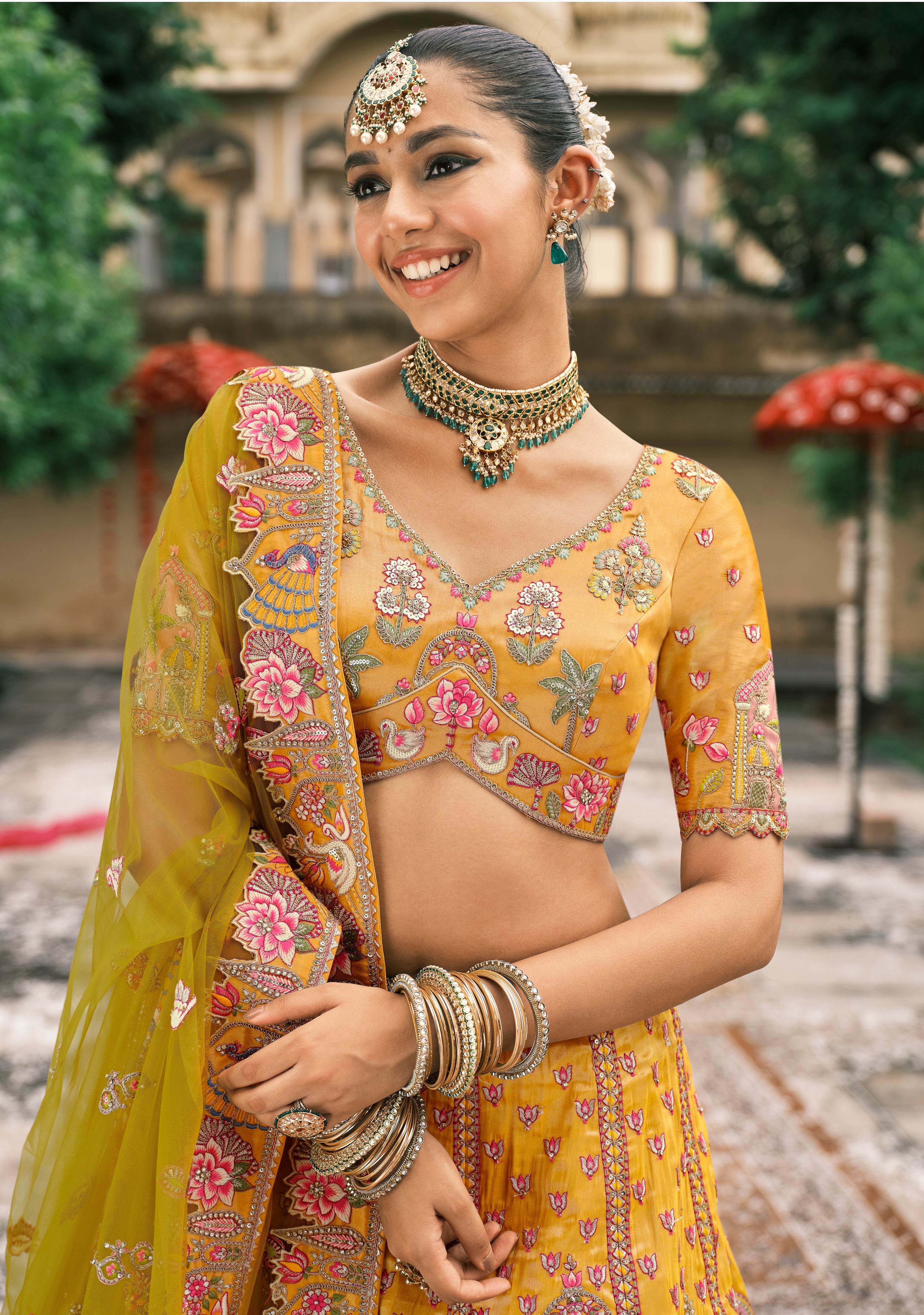 Mustard Silk Bridal Lehenga With Sequins And Moti Work