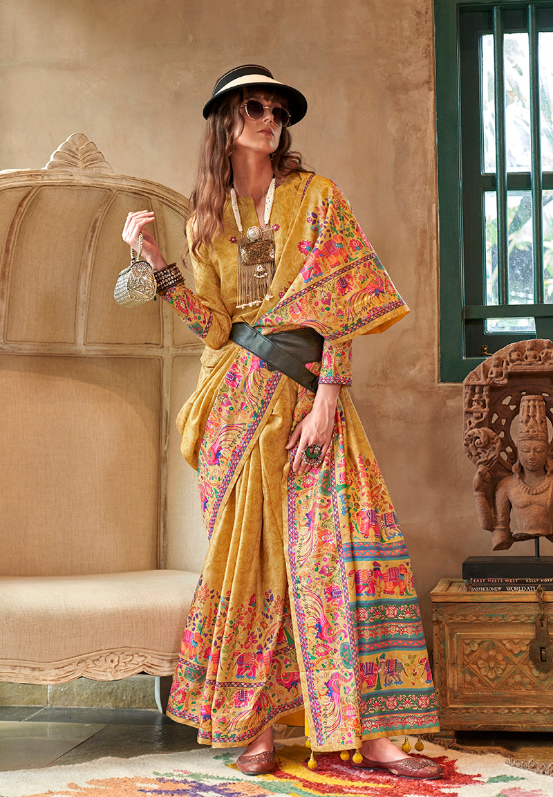 Mustard Silk Luxury Print With Glory Finish Ceremonial Saree