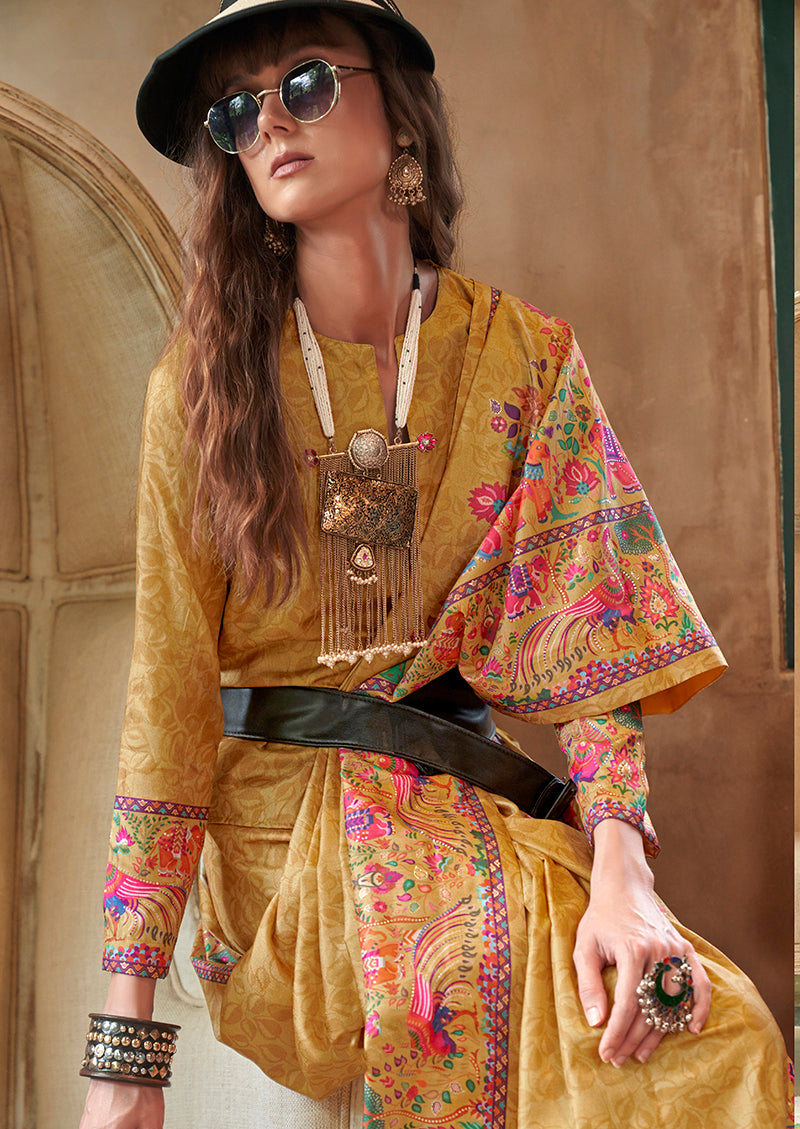 Mustard Silk Luxury Print With Glory Finish Ceremonial Saree