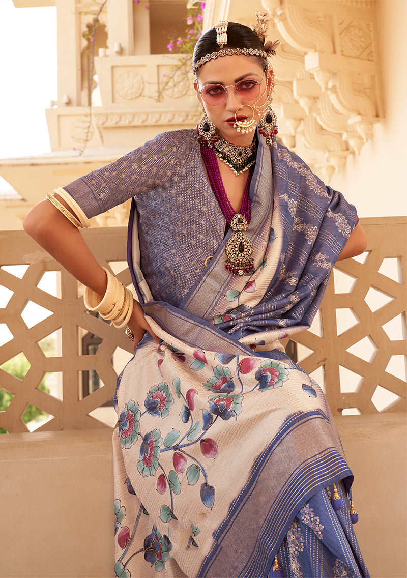 Blue Silk Foil Print Saree With Floral Pallu