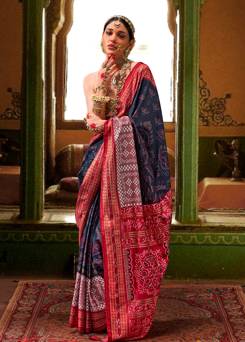 Navy Blue Silk Patola Print Saree