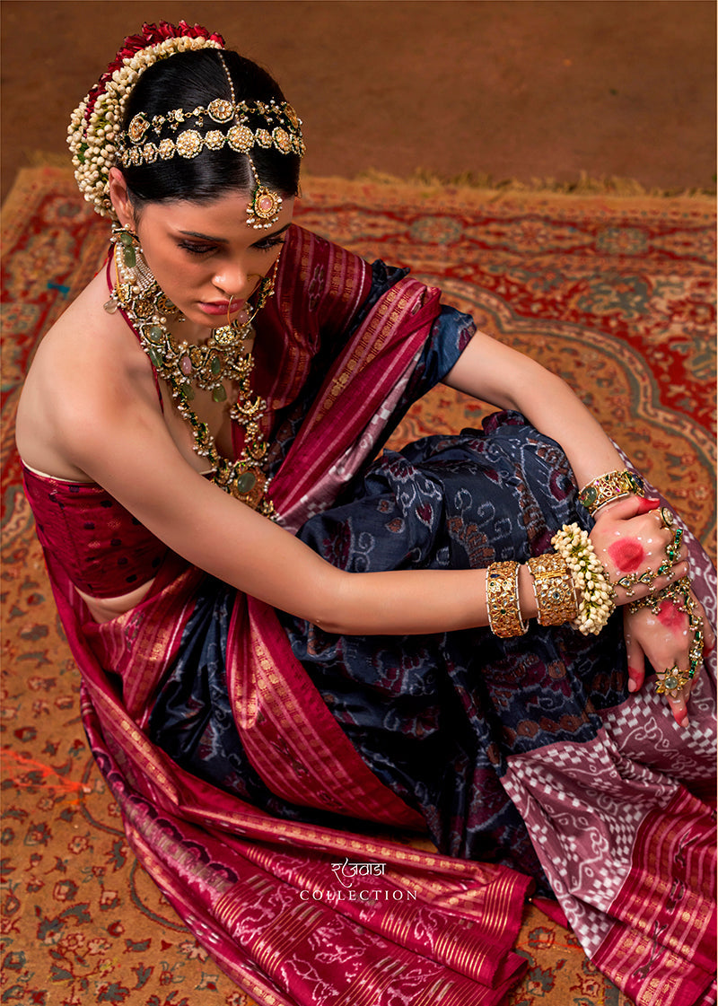 Navy Blue Silk Patola Print Saree
