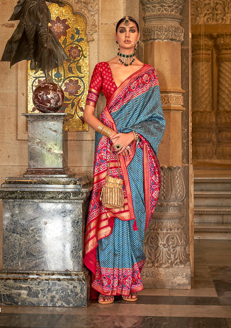 Blue Silk Patola Print Work Saree