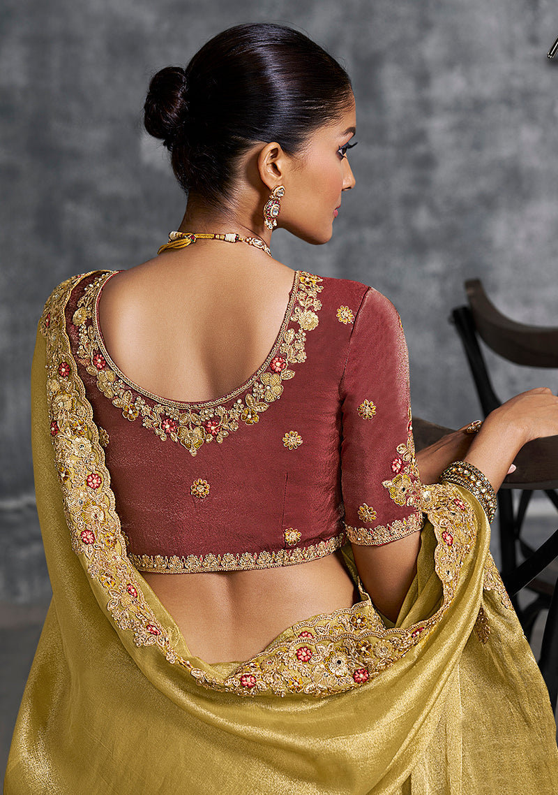 Mustard Tissue Traditional Saree with Embroidered, Resham and Thread Work for Ceremonial