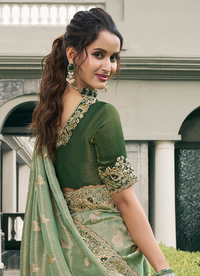 Sea Green Tussar Silk Embroidered Work Saree