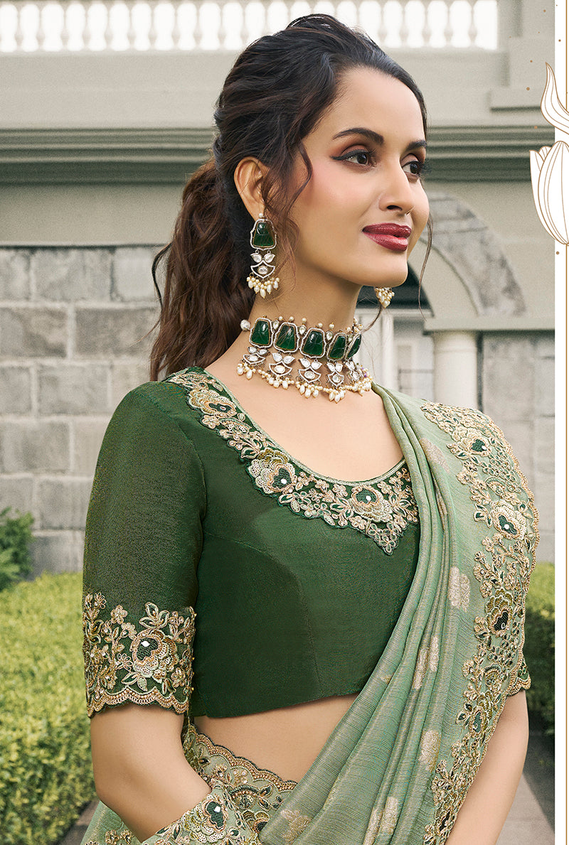 Sea Green Tussar Silk Embroidered Work Saree