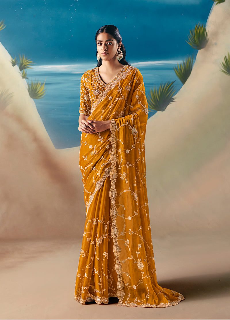 Mustard Yellow Premium Fancy Fabric With Designer Embroidery Sequence Work Saree