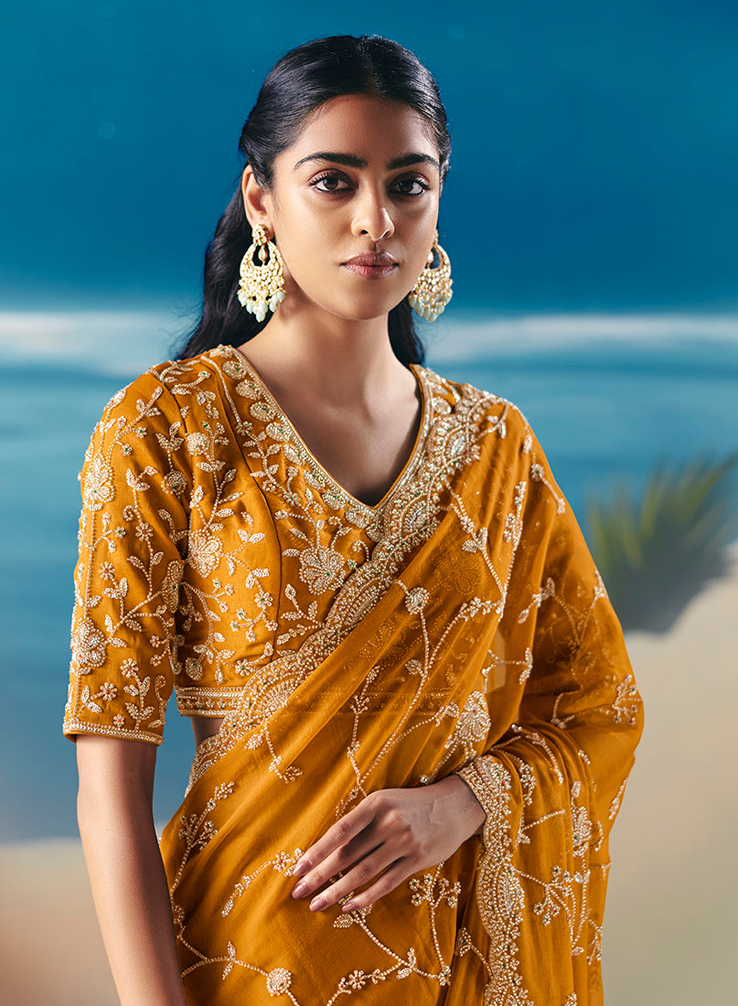 Mustard Yellow Premium Fancy Fabric With Designer Embroidery Sequence Work Saree