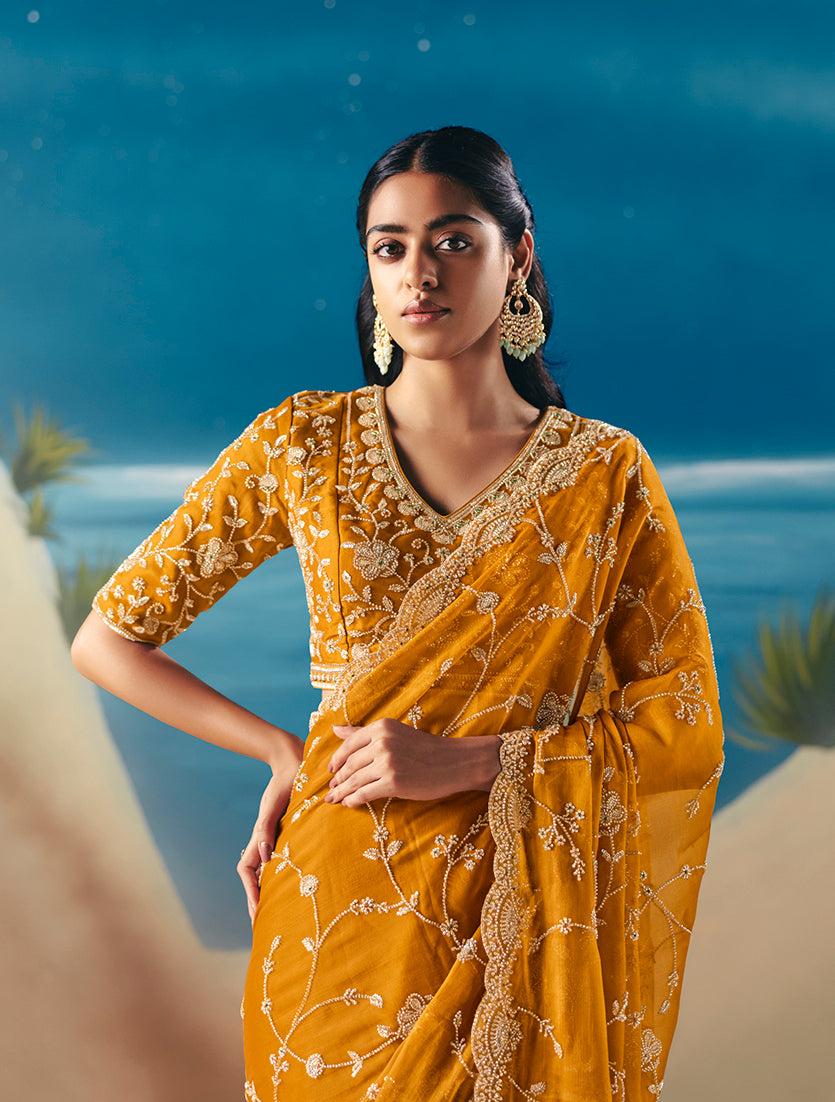Mustard Yellow Premium Fancy Fabric With Designer Embroidery Sequence Work Saree