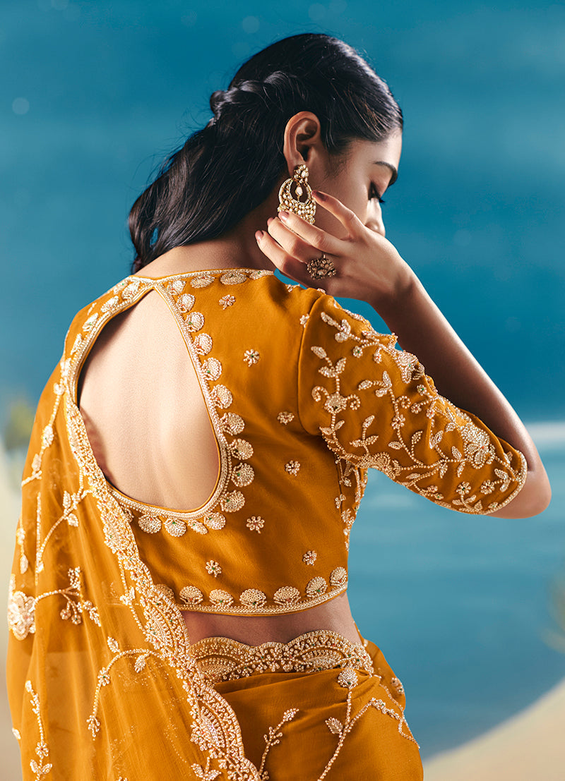 Mustard Yellow Premium Fancy Fabric With Designer Embroidery Sequence Work Saree