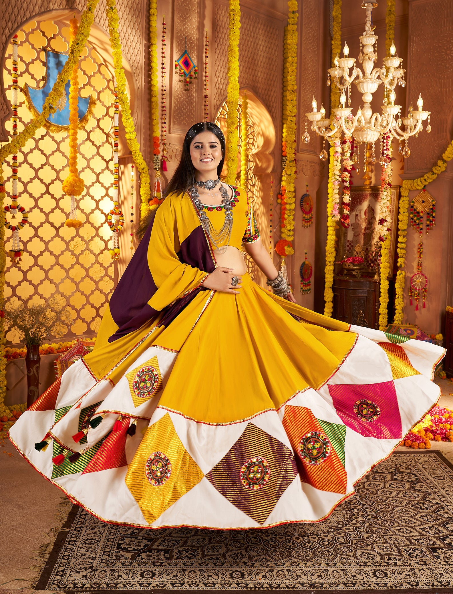 Mustard Yellow Viscose Cotton Embroidered Navratri Wear Lehenga Choli