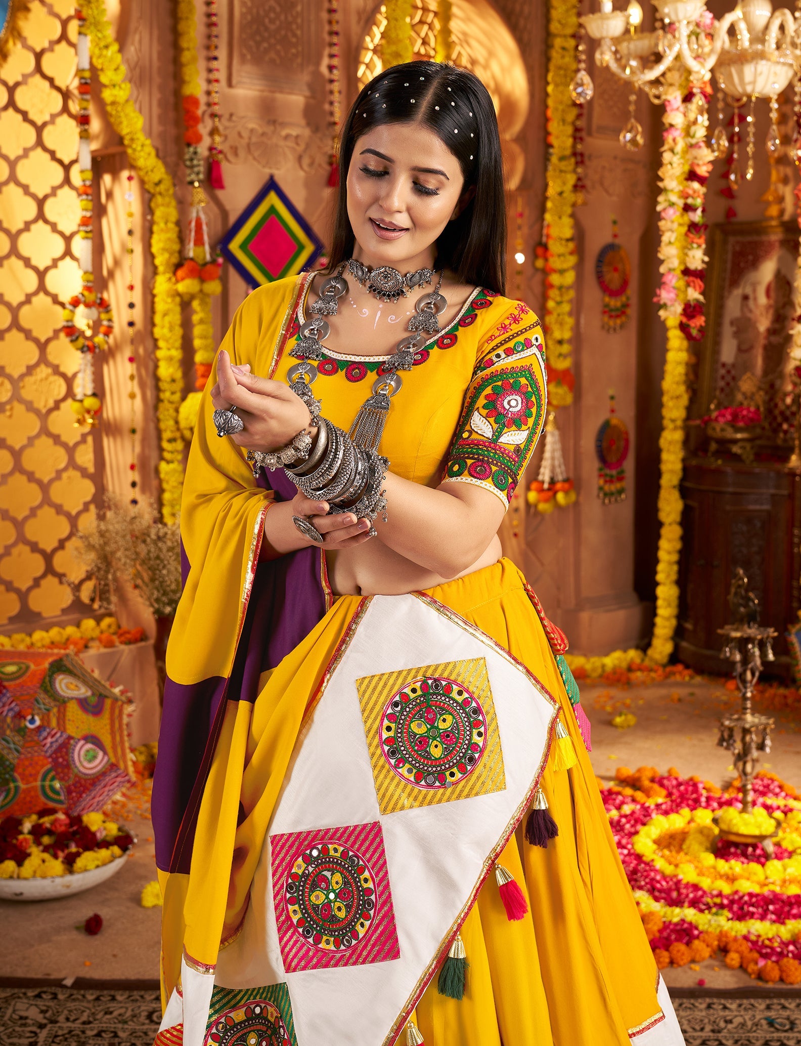Mustard Yellow Viscose Cotton Embroidered Navratri Wear Lehenga Choli