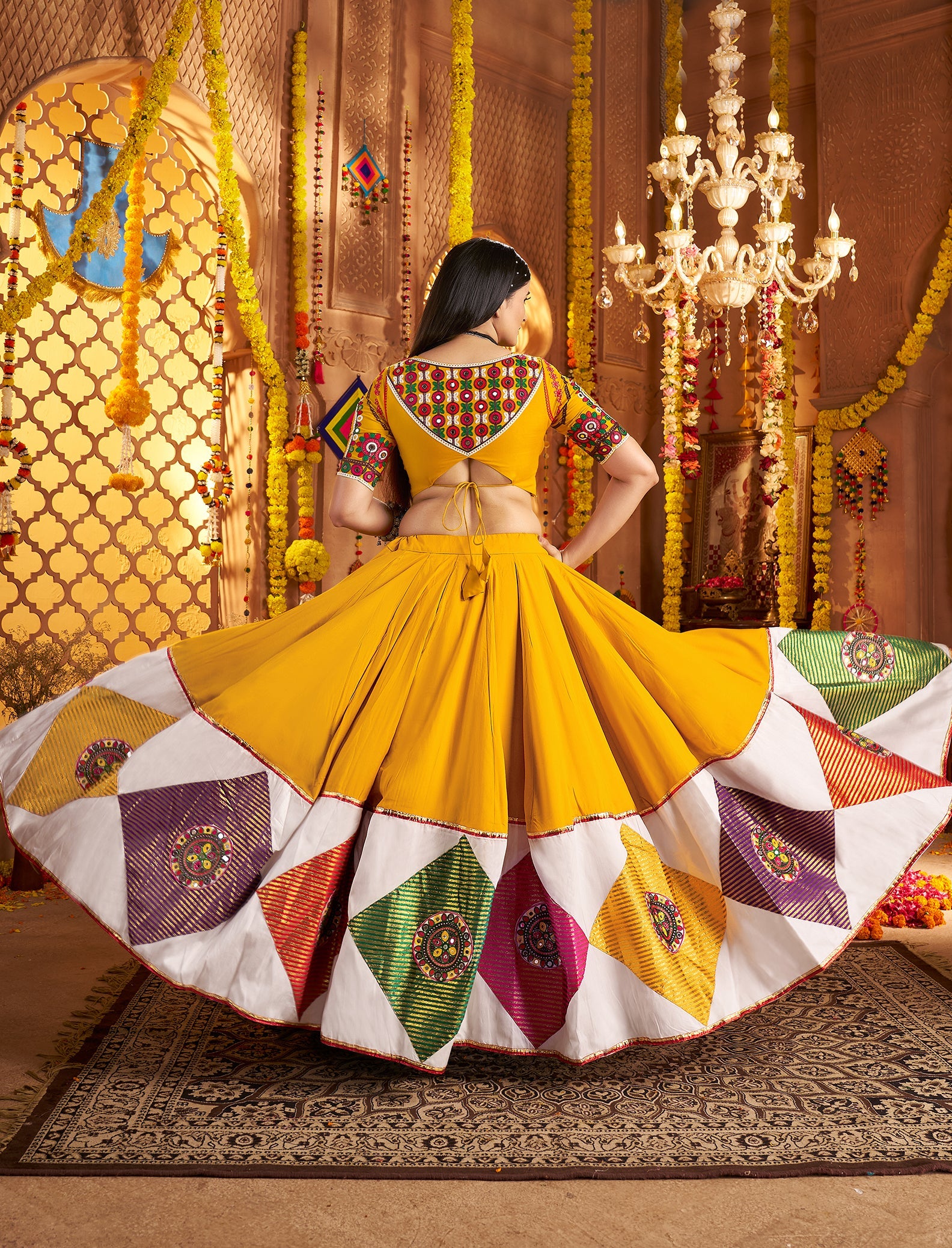 Mustard Yellow Viscose Cotton Embroidered Navratri Wear Lehenga Choli