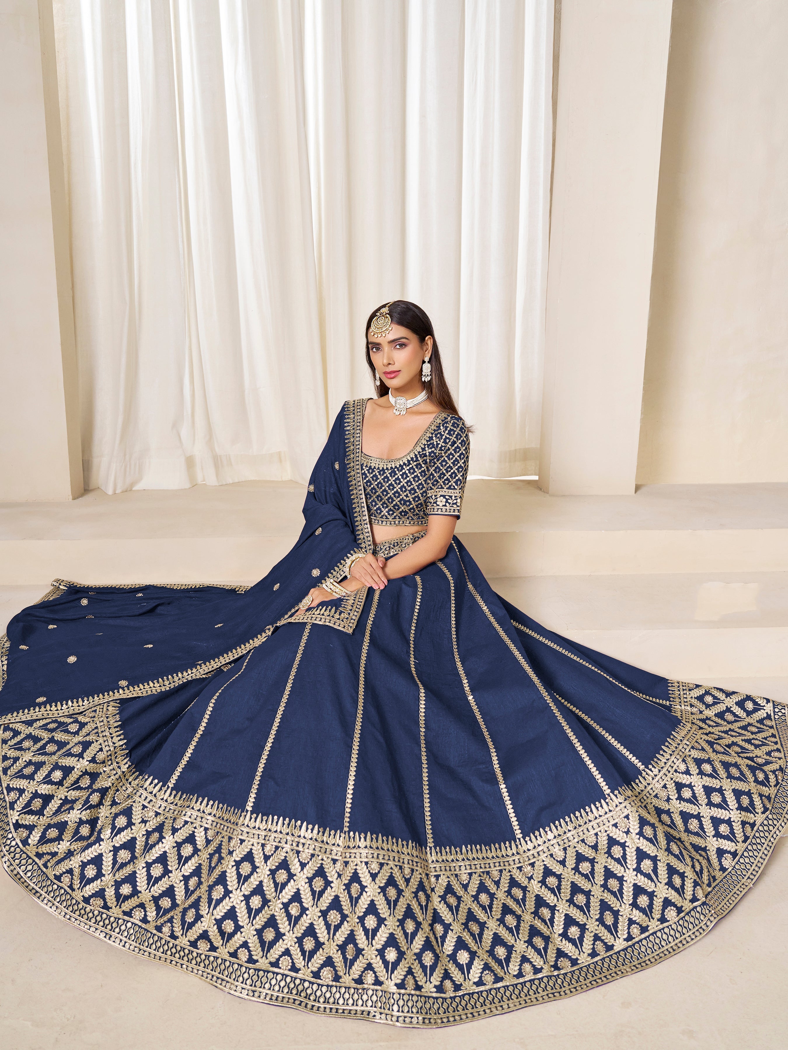 Navy Blue Art Silk Wedding Wear Lehenga Choli Set